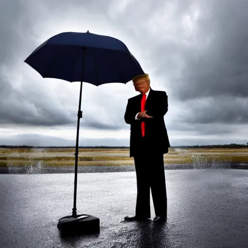 Image similar to 4 k hdr full body wide angle sony portrait of donald trump in a showering rainstorm with moody stormy overcast lighting