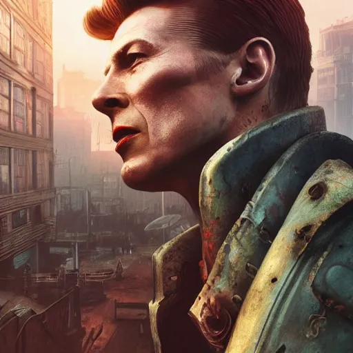 Image similar to fallout 4, charismatic david bowie, portrait, outdoors ruined cityscape, atmospheric lighting, painted, intricate, volumetric lighting, beautiful, daytime, sunny weather, slight overcast, sharp focus, deep colours, ultra detailed, by leesha hannigan, ross tran, thierry doizon, kai carpenter, ignacio fernandez rios