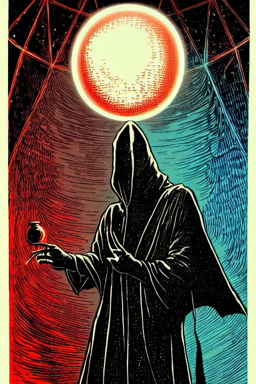 Image similar to wizard in a hooded cloak gazing into a crystal ball, high details, intricately detailed, by vincent di fate, inking, 3 color screen print, masterpiece, trending on artstation,, sharp, details, hyper - detailed, hd, 4 k, 8 k