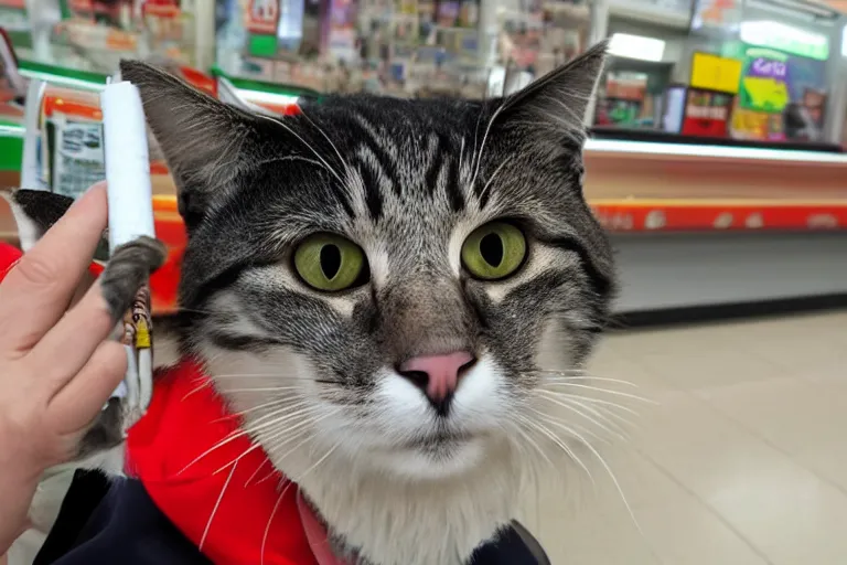 Image similar to cat smoking a cigarette in 7 - eleven