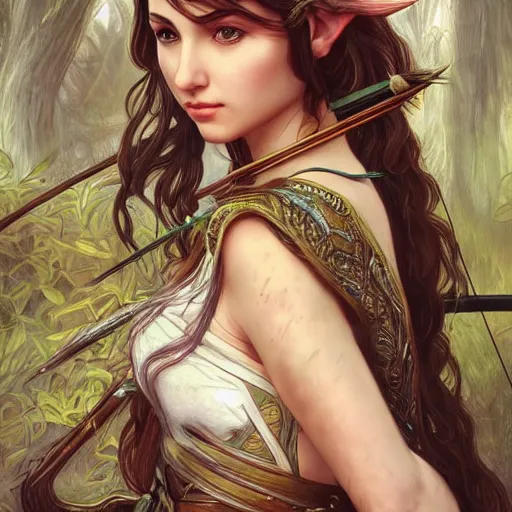 Prompt: a photograpic of elven archers, cute, fantasy, intricate, elegant, highly detailed, digital painting, artstation, long shot, photographic, half-body portrait, concept art, smooth, sharp focus, illustration, art by artgerm and H R Giger and alphonse mucha