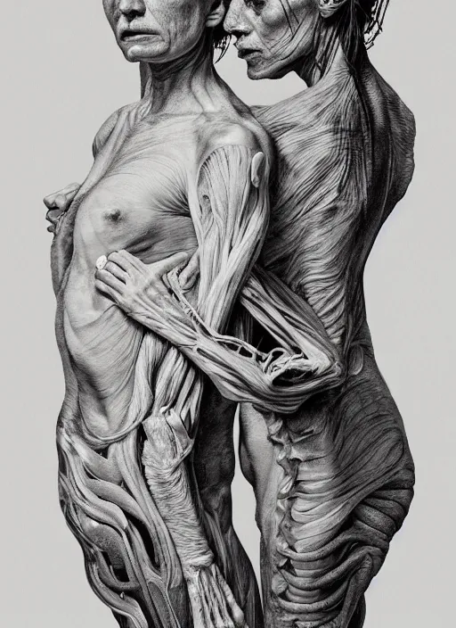 Prompt: a surreal biomorphic, painting of two human figures in a dramatic pose, extra limbs, draped in silk, highly detailed, compassionate embrace emotionally evoking, rendered in octane, centre image, by!!! jenny saville and charlie immer!!!, anatomy by arcimboldo and gunter von hagen