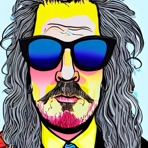 Prompt: portrait of a rockstar with long gray hair and wearing sunglasses, slightly curly hair, doing the peace sign, rich vivid colors, vibrant, highly detailed, sharp focus