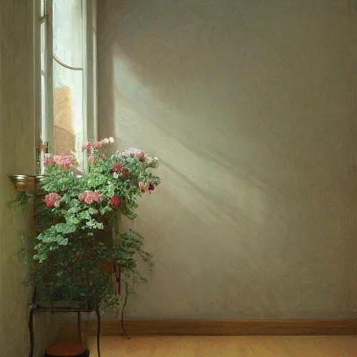 Prompt: interior art nouveau french appartment, white wood wall in background, flowers all over wall, albert bierstadt, photorealism, 8 k, detailed, clean