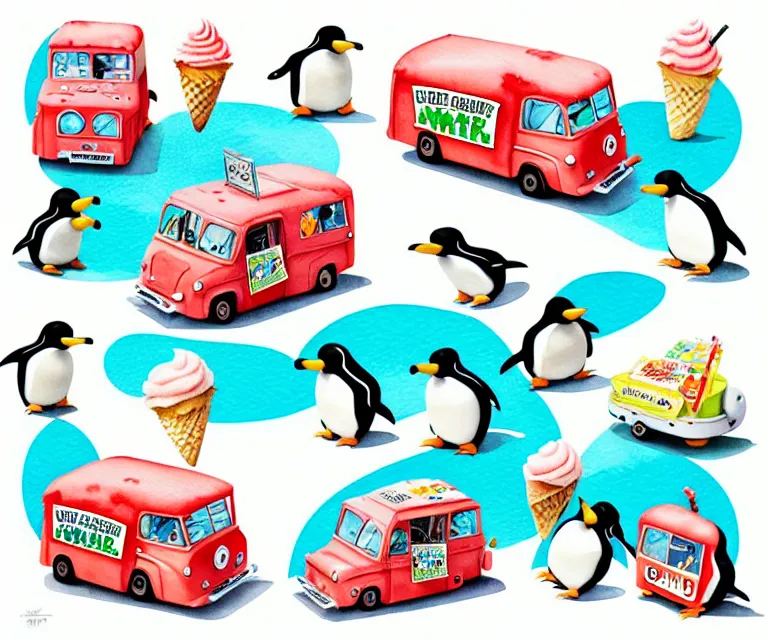 Image similar to cute and funny, penguin riding in a tiny ice cream truck, ratfink style by ed roth, centered award winning watercolor pen illustration, isometric illustration by chihiro iwasaki, edited by range murata, tiny details by artgerm and watercolor girl, symmetrically isometrically centered, sharply focused