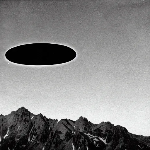 Image similar to a ufo seen on top of a mountain seen from an airplane, vintage photo, old, grainy, sepia