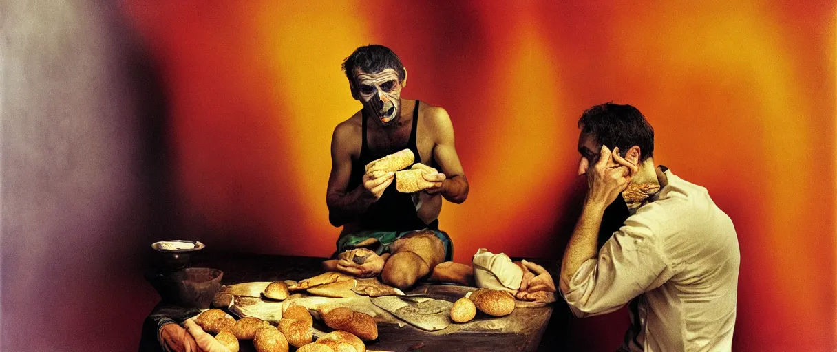 Image similar to award winning photo of a soulless man eating dry bread, vivid colors, happy, symmetrical face, beautiful eyes, studio lighting, wide shot art by sally mann & arnold newman