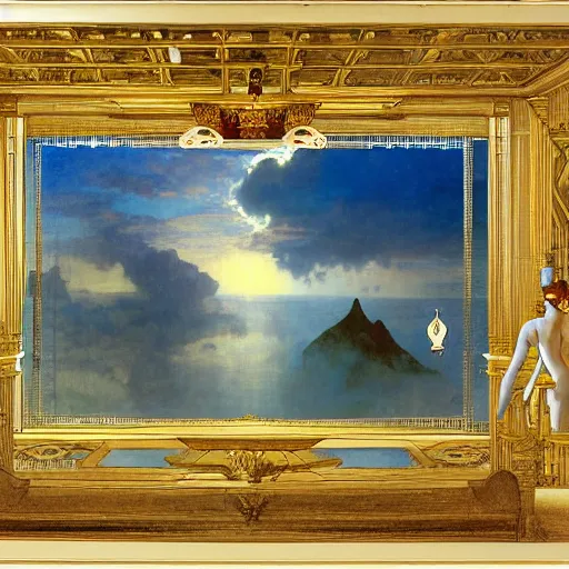 Prompt: The palace on the clouds, moon reflecting on the water, thunderstorm, greek pool, beach and Tropical vegetation on the background major arcana sky, by paul delaroche, alphonse mucha and arnold böcklin, hyperrealistic 8k, award-winning, very very very detailed