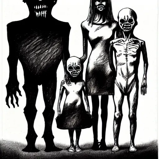 Prompt: psychopath child drawing of a creepy family. by richard corben