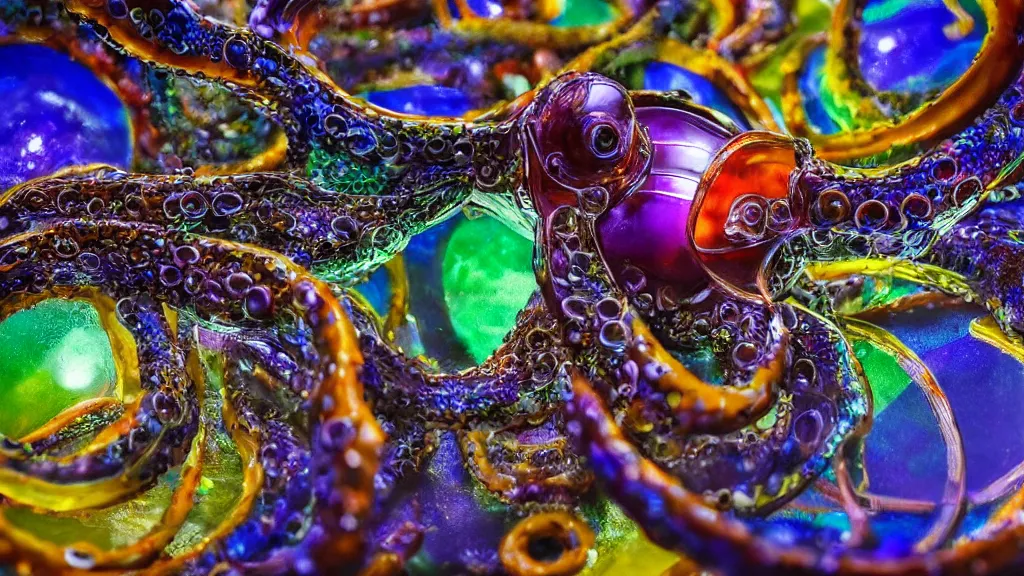 Prompt: Sculpture, a octopus made of glass, intricate detail, a splash of color, a masterpiece, refracting light, pbr, dramatic, path tracing, refraction