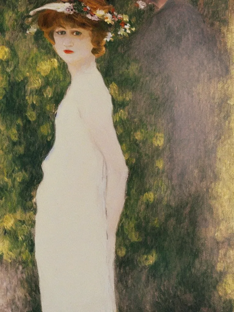 Image similar to portrait of < zelda fitzgerald > as a beautiful young lady wearing 1 9 2 0 s fashion, blurry face, brown hair, slim, fair, severe out of focus, depth of field, pleinairism, in the sun, backlit, closeup, oil on canvas, atr by monet, in the style of le promenade, smooth, impressionnisme, 8 k