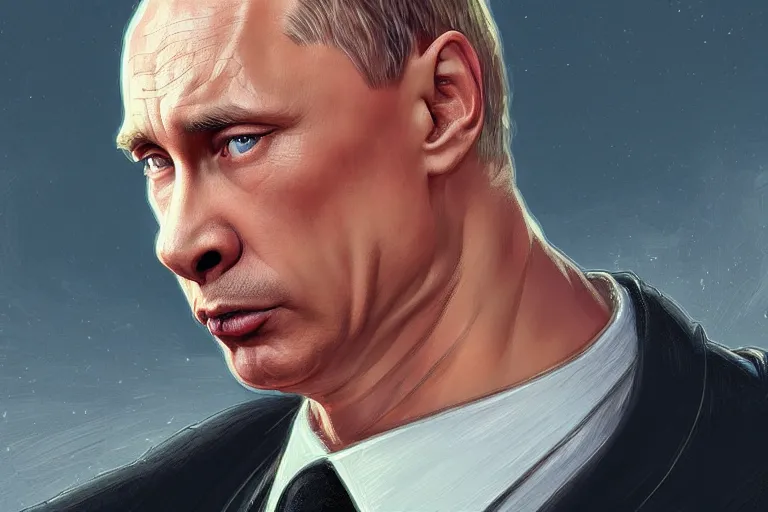 Image similar to vladimir putin as homer simpson, closeup, d & d, fantasy, intricate, elegant, highly detailed, digital painting, artstation, concept art, matte, sharp focus, illustration, hearthstone, art by artgerm and greg rutkowski and alphonse mucha