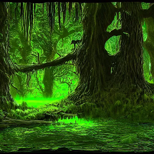 Prompt: [ [ mossy swamp ] ] : : [ disney animation ] : : fantasy, epic : : realistic lighting, shading, shadows : : glowing green : : [ [ biopunk art ] ] : : 8 k