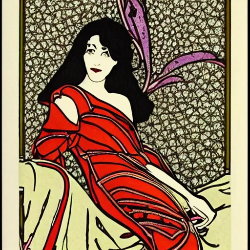 Prompt: art nouveau, colored woodblock print, beautiful woman reclining, harry clarke art style