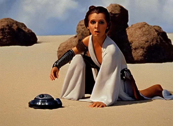 Image similar to glamour portrait of Princess Leia, played by Carrie Fischer, lightsaber training on beach planet, iconic scene from the 1980s film directed by Stanley Kubrick, kodak stock, cinematic lighting, hyper real, stunning cinematography, with anamorphic lenses, crisp, detailed portrait, 4k image