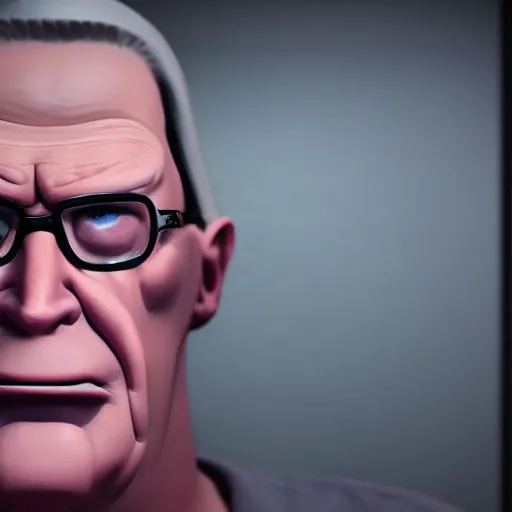 Image similar to hyper realistic, beautiful moody lighting, extreme emotions, caricature, soft, portrait of a very angry Hank Hill, rendered in octane, high quality 3d