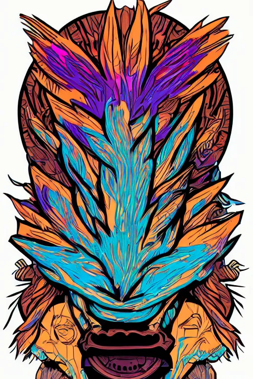 Image similar to animal mask totem roots flower tribal feather gemstone plant wood rock shaman vodoo video game vector cutout illustration vivid multicolor borderlands comics by josan gonzales and dan mumford radiating a glowing aura