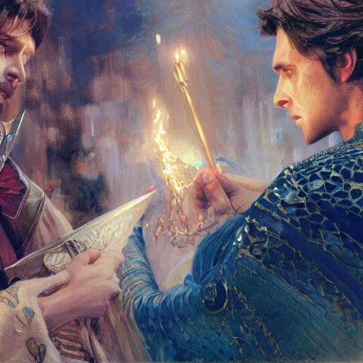 Prompt: attractive arthur pendragon confesses his love to attractive merlin. highly detailed painting by gaston bussiere, craig mullins, j. c. leyendecker 8 k