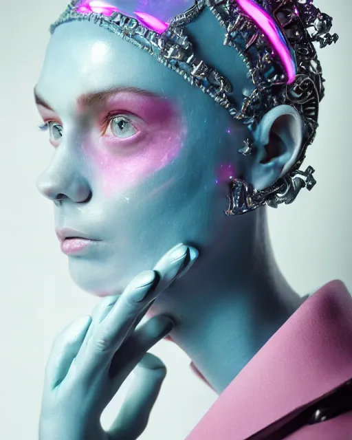 Image similar to natural light, soft focus portrait of a android with soft synthetic pink skin, blue bioluminescent plastics, smooth shiny metal, elaborate ornate head piece, piercings, face tattoo and scars, skin textures, by annie liebovotz, paul lehr,