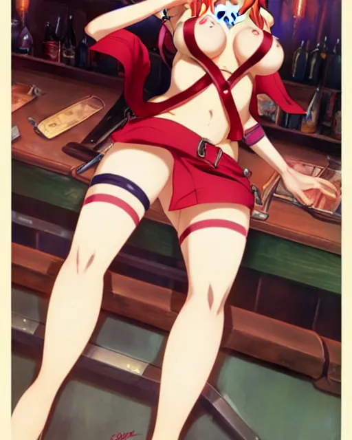 Image similar to pinup photo of asuna from sao in the crowded pub, hot asuna by a - 1 pictures, gil elvgren, james jean, enoch bolles, glossy skin, pearlescent, anime, very coherent, sao style anime, flat