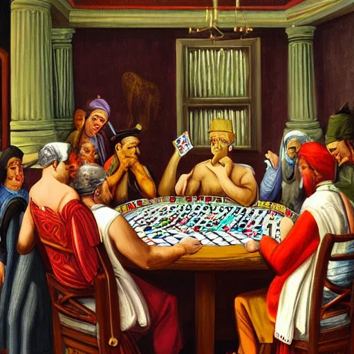 Prompt: Gods from different religions playing poker by Cassius Marcellus Coolidge