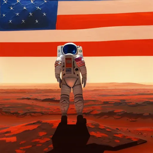 Image similar to 3 / 4 view of a portrait of nasa mars colony with a american flag logo, evangelion, scifi, hyper detailed, digital art, trending in artstation, cinematic lighting, studio quality, frostbite 3 engine rendered, art style by klimt and nixeu and ian sprigger and wlop and krenz cushart