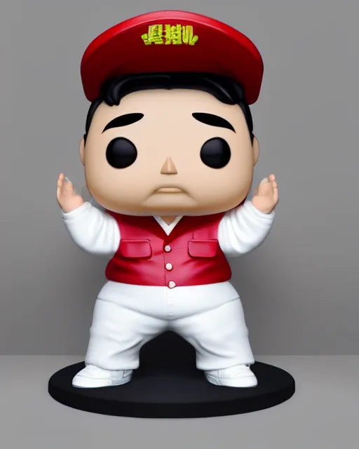 Image similar to full body 3d render of fat kim yong un as a funko pop, studio lighting, white background, blender, trending on artstation, 8k, highly detailed