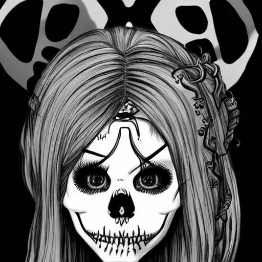 Prompt: anime manga skull portrait young woman hair fairytale comic skeleton illustration style by Trevor brown warhol pop art nouveau