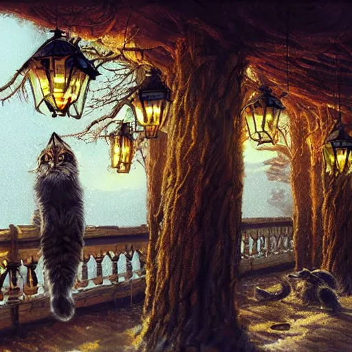 Image similar to concept art, siberian cat behind lanterns, 8 k, by james gurney, greg rutkowski, john howe, artstation