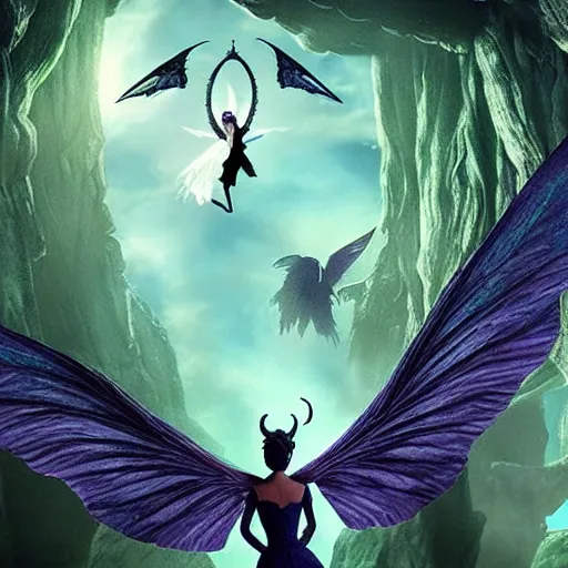 Image similar to fairy with wings, similar to maleficent, fantasy, lord of the rings