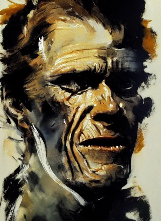 Image similar to willem dafoe, painting by phil hale, fransico goya,'action lines '!!!, graphic style, visible brushstrokes, motion blur, blurry