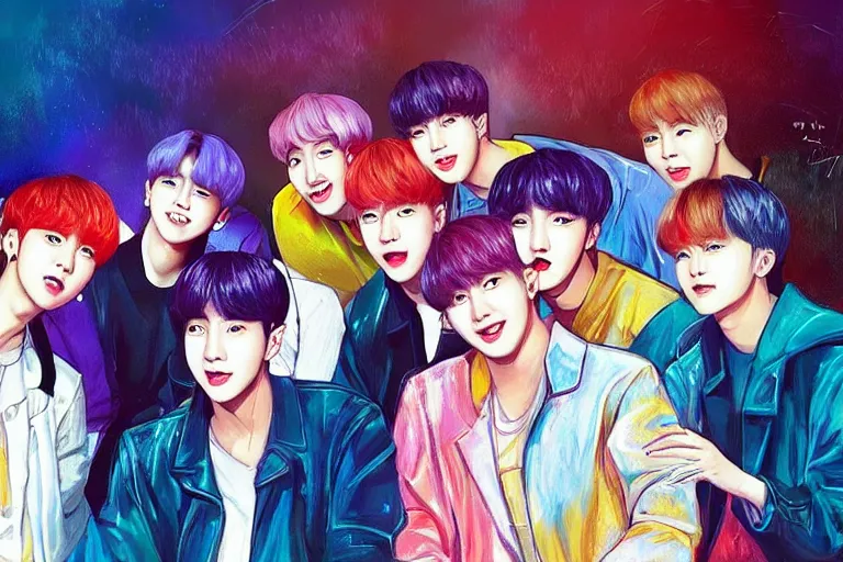 Image similar to “ a portrait of members of bts k - pop band, rainy background, bright art masterpiece artstation. 8 k, sharp high quality artwork in style of jose daniel cabrera pena, concept art by tooth wu, fanart ”