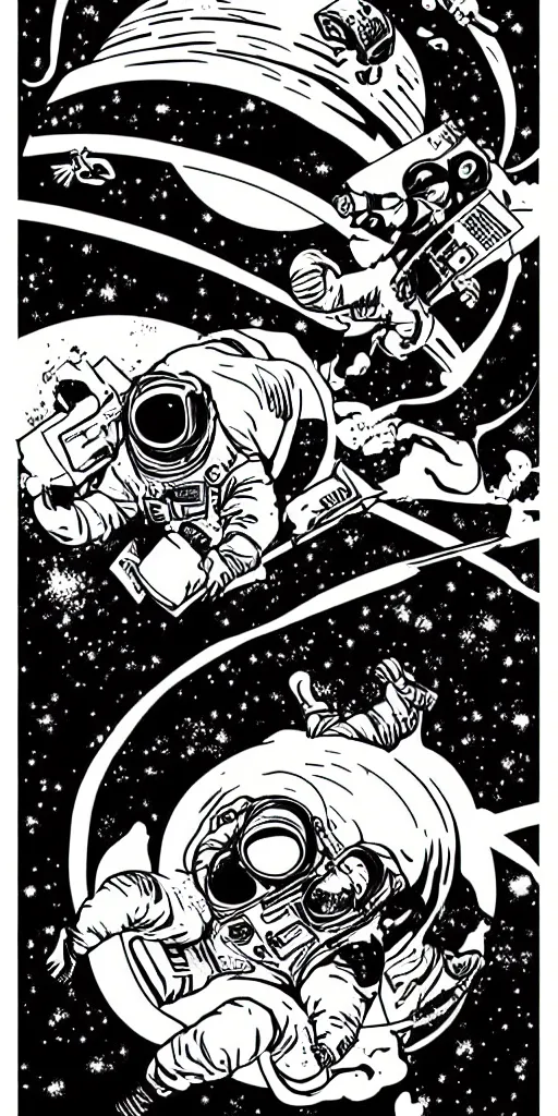 Image similar to full color, mcbess poster , astronaut drifting into a black hole