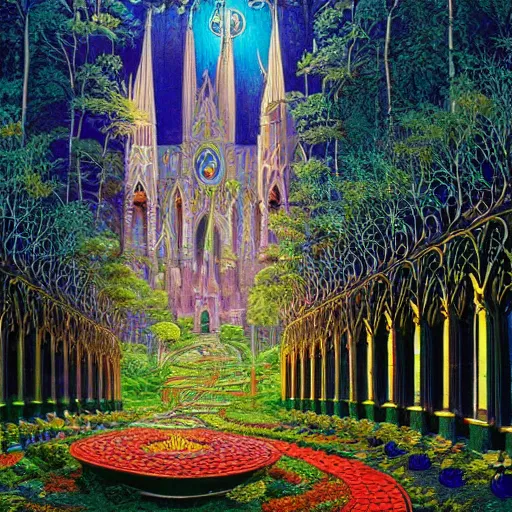 Image similar to a beautiful and highly detailed landscape painting of a cathedral in a beautiful garden in a mystical forest, psychedelic, intricate details, epic scale, insanely complex, 8 k, sharp focus, by eyvind earle