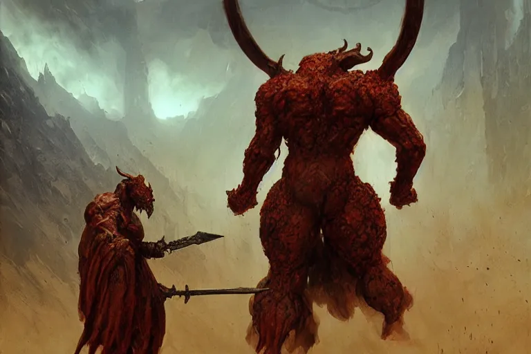 Image similar to balrog concept art, glad in hellish armor, wielding hellish axe, horned, winged, muscular body, wide shot, wide angle, beksinski, ruan jia, wayne barlowe, lord of the ring art