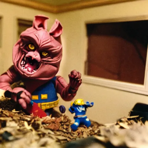 Image similar to joe biden, master splinter holding a megazord battling krang inside abandoned dollhouse, 35mm film