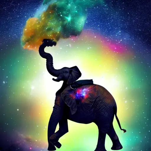 Prompt: astronaut riding an elephant in space, colorful nebula in the background, digital painting,