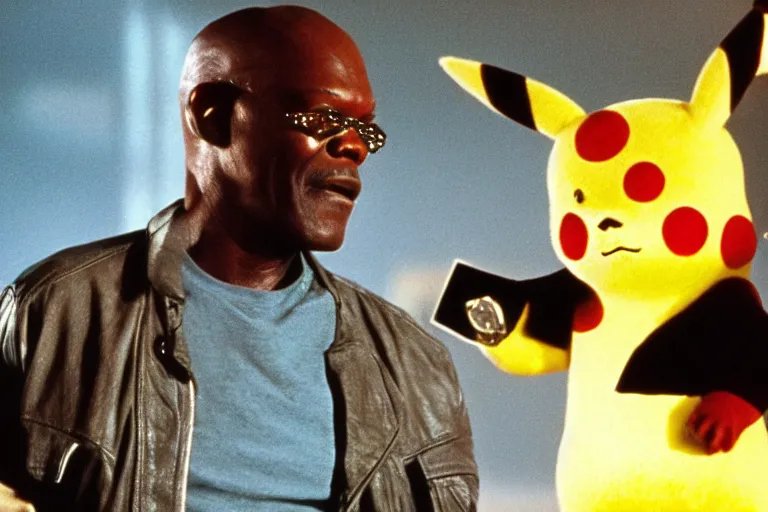Prompt: Samuel L. Jackson plays Terminator and saves pikachu, scene from the film