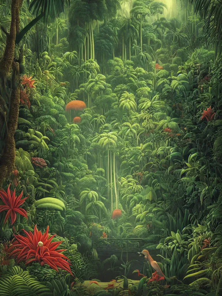 Image similar to a beautiful but foreboding dream inside the lush Malaysian jungle with exotic rainforest flora and fauna where time seems to stand still by Martin Johnson Heade, Hiroshi Sugimoto, Henri Rousseau, Ernst Haeckel, foggy memories of invisible primordial spirits, medium close up shot, wide angle lens, photorealism, anaglyph filter, cinematic mood lighting, National Geographic photography, trending on Art Station.
