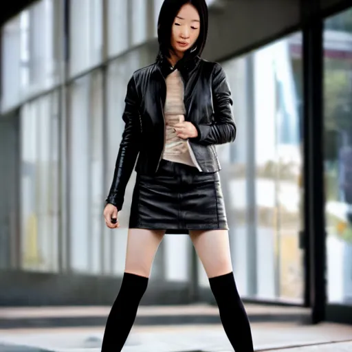 Prompt: an epic cinematic 8K HD movie shot of a japanese young woman wearing leather jacket, miniskirt, nylon tights and high heels boots. Inspirational arthouse