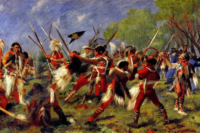 Image similar to native americans decapitating colonists, impressionist painting