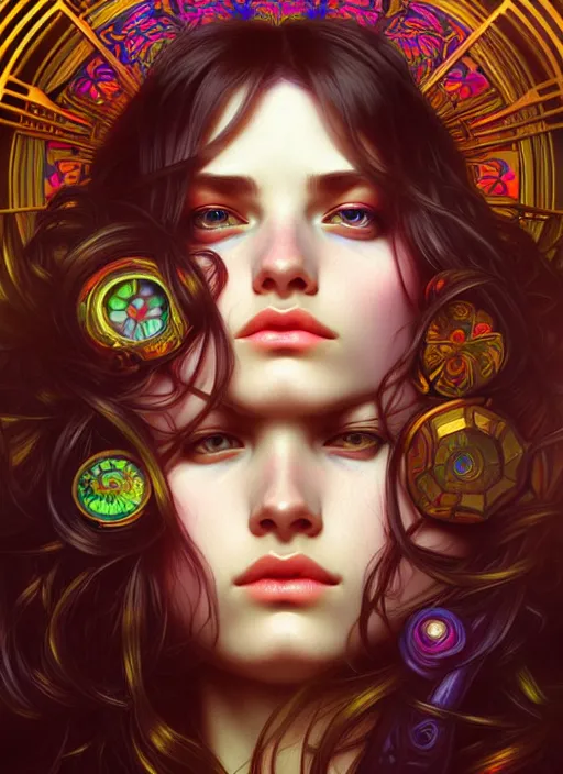 Image similar to overlord, psychedelic, portrait, highly detailed, deep focus, elegant, digital painting, smooth, sharp focus, illustration, ultra realistic, 8 k, art by artgerm and alphonse mucha