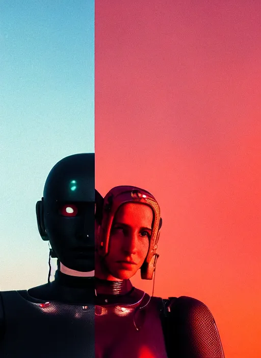 Image similar to cinestill 5 0 d photographic portrait of two loving female androids wearing rugged black mesh techwear on a desolate plain with a red sky, extreme closeup, modern cyberpunk, dust storm, 8 k, hd, high resolution, 3 5 mm, f / 3 2, ultra realistic faces, ex machina, blade runner