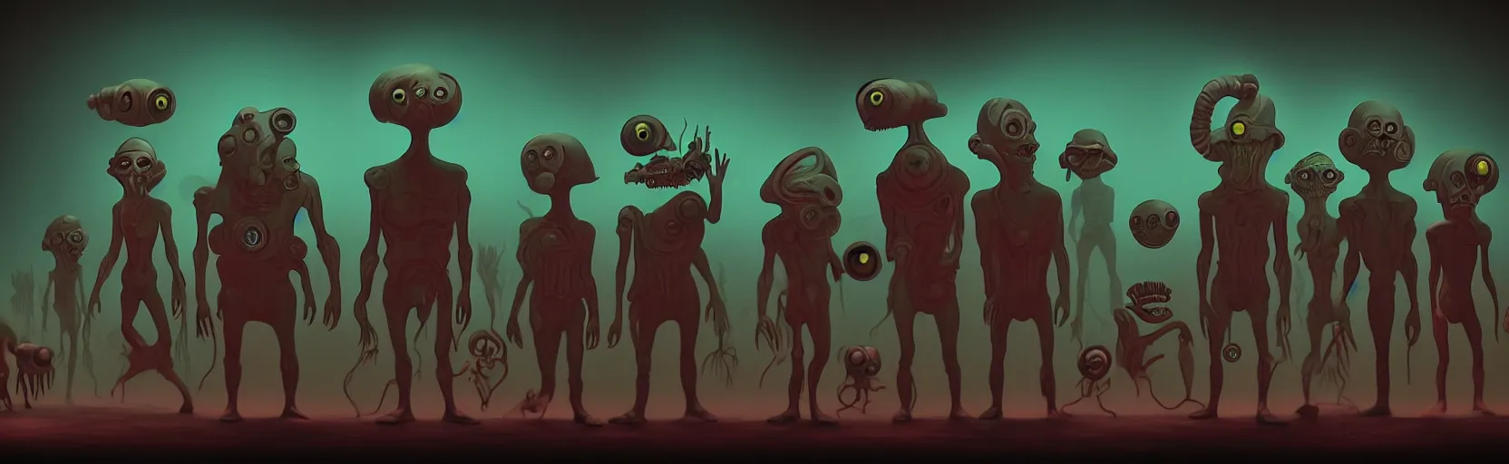 Image similar to uncanny repressed mutants from the depths of a vast wasteland in the collective unconscious, dramatic lighting, surreal dark 1 9 3 0 s fleischer cartoon characters, surreal painting by ronny khalil