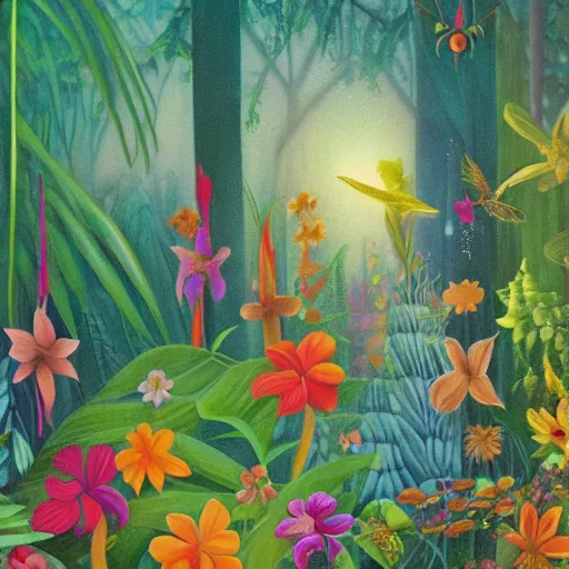 Image similar to an enchanted forest full of tropical flowers and fireflies, by agnes lawrence pelton