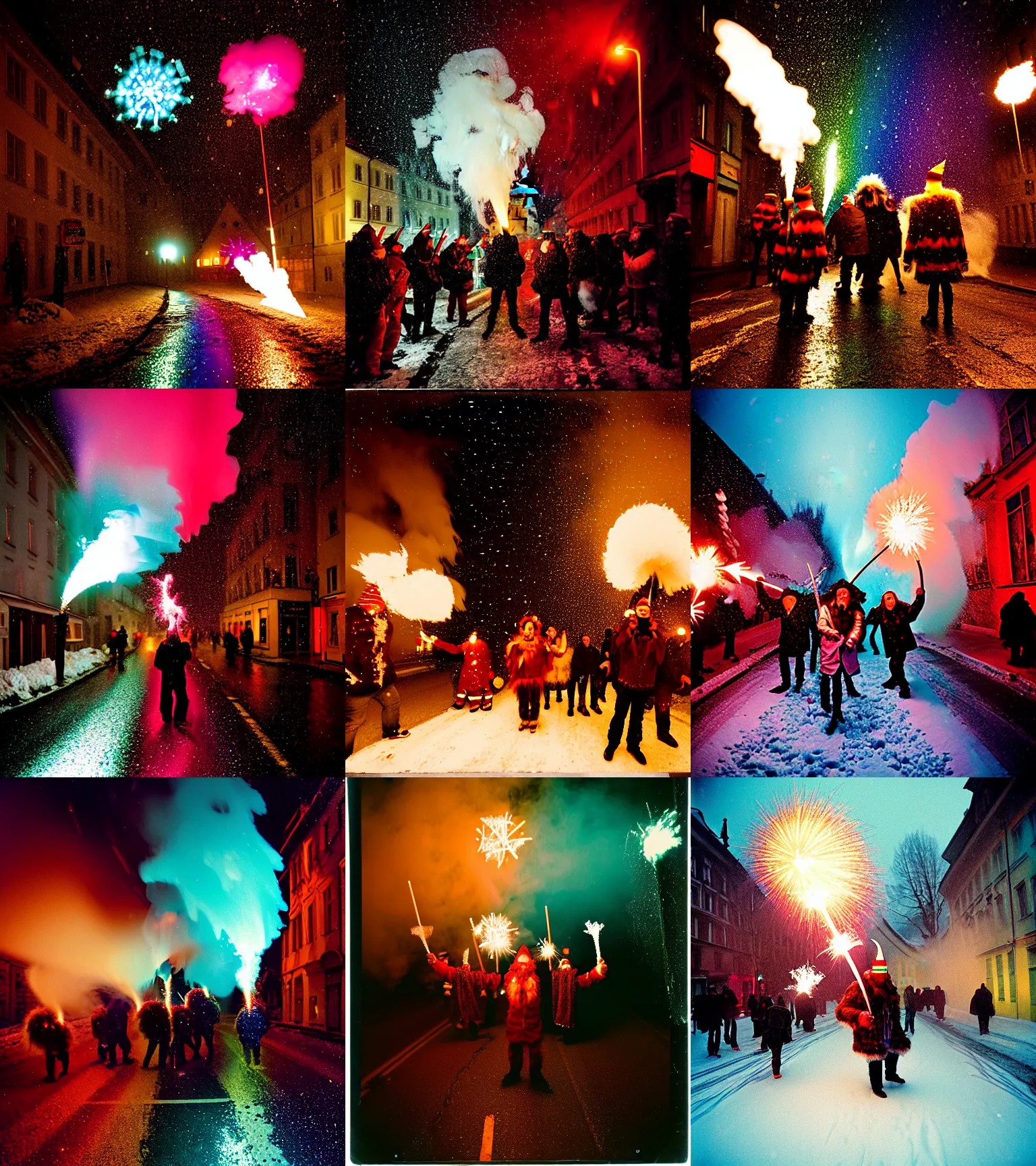 Image similar to kodak portra 4 0 0, wetplate, winter, snowflakes, rainbow coloured rockets, chaos, glitter tornados, award winning dynamic photo of a bunch of hazardous krampus between exploding fire barrels by robert capas, motion blur, in a narrow lane in salzburg at night with colourful pyro fireworks and torches, teal lights