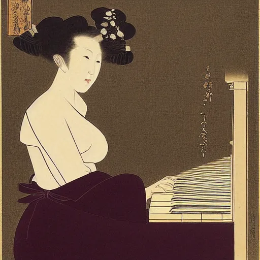 Image similar to girl with curly blonde hair sitting at a piano, painting by utamaro