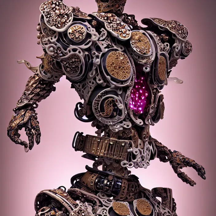 Image similar to ceramic cyborg, Kakiemon design exoskeleton with plums and stylized flowers in glaze and gilding, diffuse lighting, fantasy, intricate, elegant, highly detailed, lifelike, photorealistic, digital painting, artstation, illustration, concept art, smooth, sharp focus, art by John Collier and Albert Aublet and Krenz Cushart and Artem Demura and Alphonse Mucha