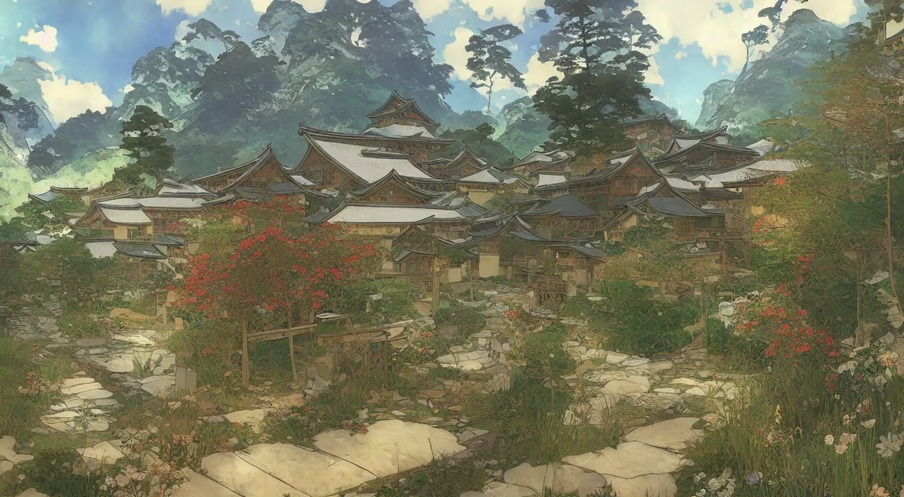 Image similar to A beautiful landscape painting of a small japanese village by Alfons Maria Mucha and Julie Dillon and Makoto Shinkai