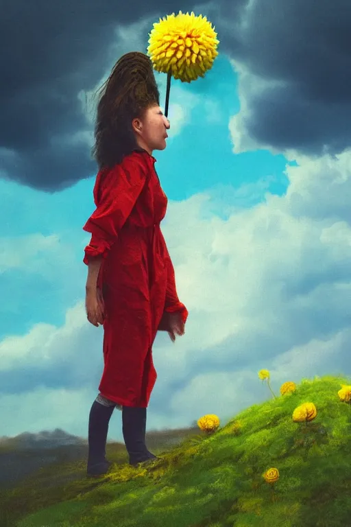 Image similar to closeup girl with giant yellow dahlia flower as head, standing on mountain, surreal photography, blue storm clouds, dramatic light, impressionist painting, digital painting, artstation, simon stalenhag